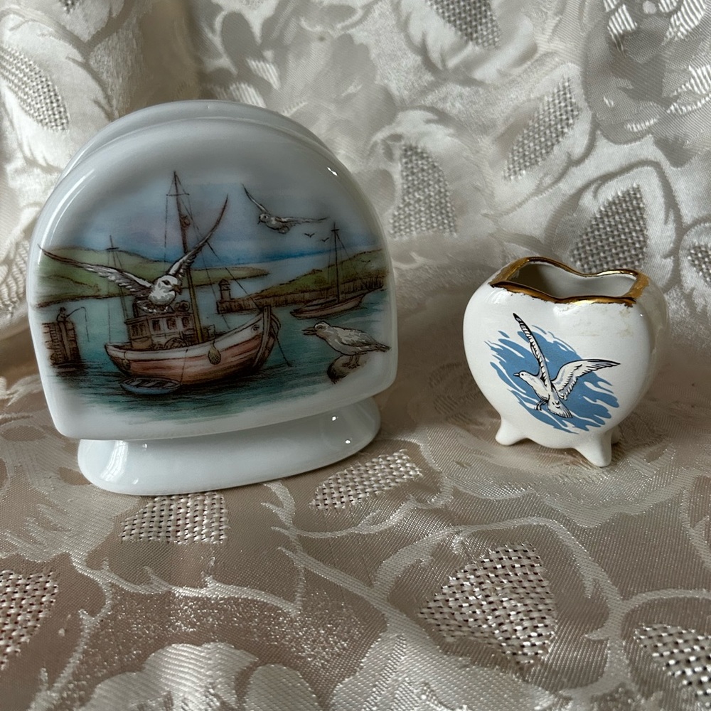 Ceramic Napkin Holder Fishing boat scene Seagulls Toothpick holder Seagulls
